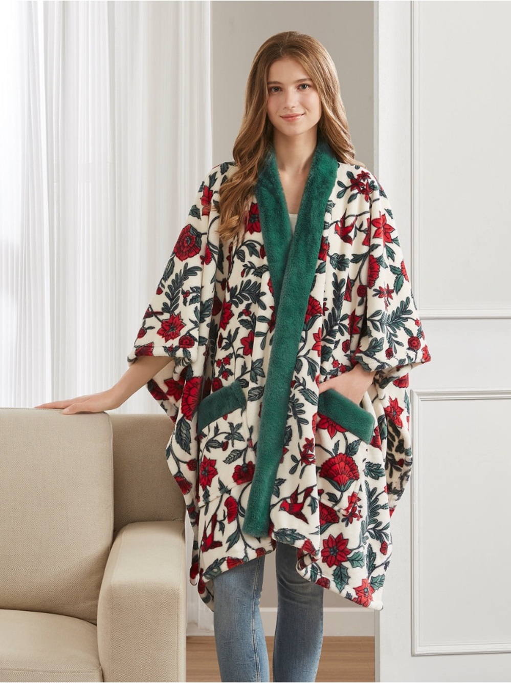 Cozy Fleece Blanket Wrap With Pockets Red & Green Floral Bird Print One Size